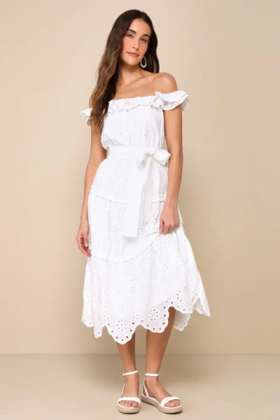 Lulus Memorable Charm White Tiered Eyelet Off-the-shoulder Midi Dress