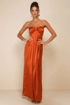 Lulus Memorable Entrance Rust Orange Strapless Satin Maxi Dress In Rust Orange