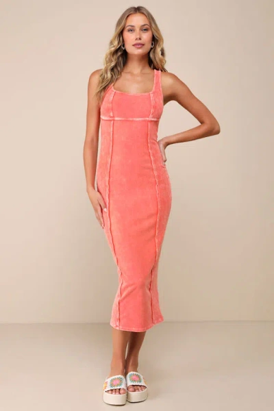 Lulus Memorable Instinct Coral Pink Washed Ribbed Paneled Midi Dress
