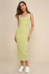 Lulus Memorable Instinct Lime Green Washed Ribbed Paneled Midi Dress In Green