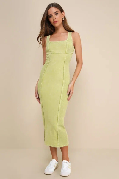 Lulus Memorable Instinct Lime Green Washed Ribbed Paneled Midi Dress