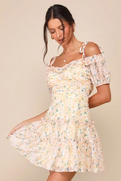 Lulus Memorably Cute Blush Pink Floral Off-the-shoulder Mini Dress