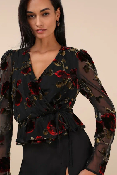 Lulus Memorably Poised Black Burnout Floral Surplice Top