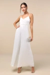 Lulus Memorably Sophisticated White Satin Pleated Backless Jumpsuit In White