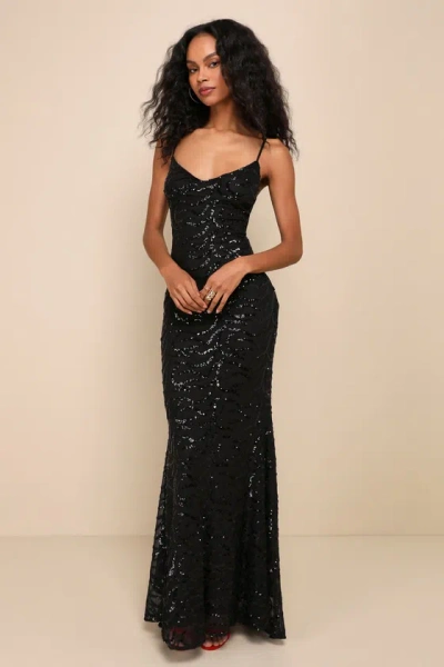 Lulus Mesmerizing Demeanor Black Sequin Backless Mermaid Maxi Dress