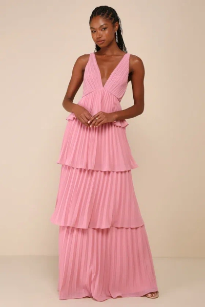 Lulus Mesmerizing Essence Pink Pleated Backless Tiered Maxi Dress