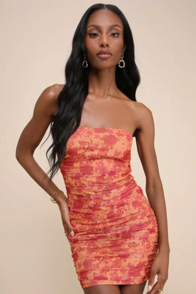 Lulus Mesmerizing Flirt Orange Floral Mesh Strapless Ruched Mini Dress
