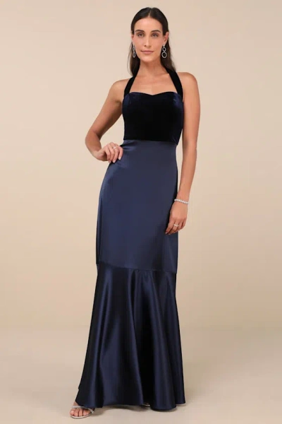 Lulus Mesmerizing Impression Navy Blue Mixed Media Halter Maxi Dress