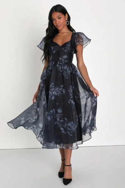 Lulus Mesmerizing Mood Black Floral Organza Ruffled A-line Midi Dress