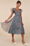 Shop Lulus Mesmerizing Mood Slate Floral Organza Ruffled A-line Midi Dress In Grey