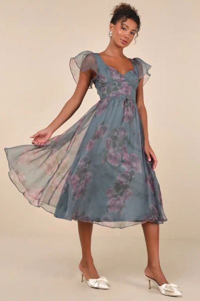 Lulus Mesmerizing Mood Slate Floral Organza Ruffled A-line Midi Dress In Grey