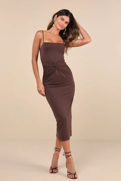 Lulus Mesmerizing Reputation Brown Twist-front Bodycon Midi Dress