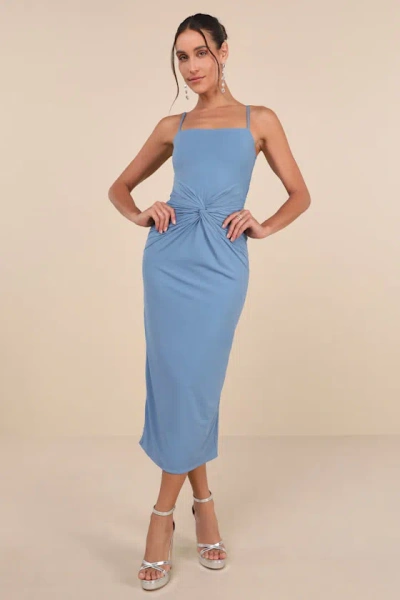 Lulus Mesmerizing Reputation Slate Blue Twist-front Bodycon Midi Dress