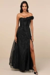 Lulus Mesmerizing Silhouette Black Organza Off-the-shoulder Maxi Dress In Black