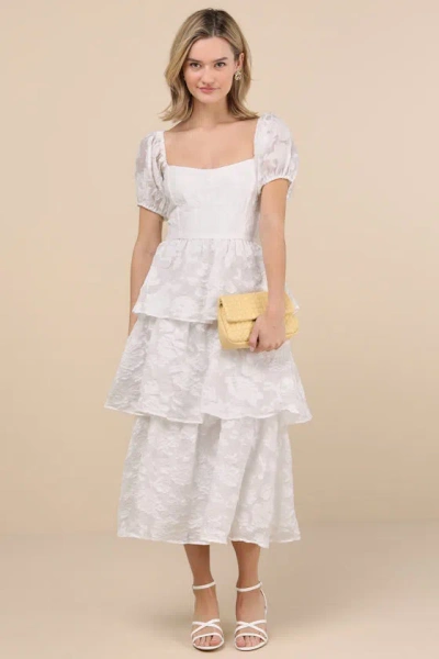Lulus Mesmerizing Sweetheart Ivory Jacquard Puff Sleeve Midi Dress
