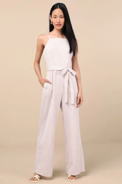 Lulus Messina Beige Striped Wide-leg Jumpsuit