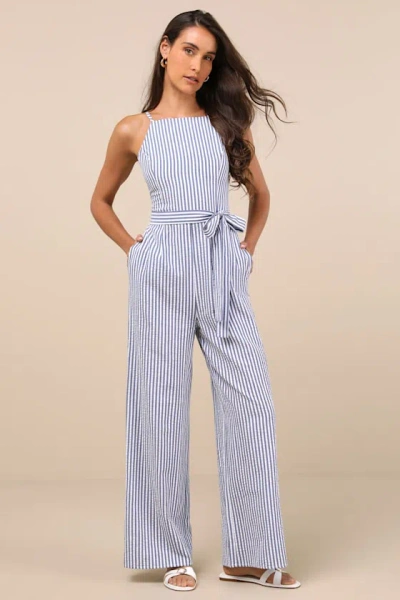 Lulus Messina Blue Striped Wide-leg Jumpsuit