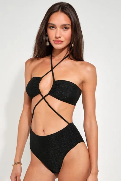 Lulus Miami Vibes Black Sparkly Cutout Strappy One-piece Swimsuit