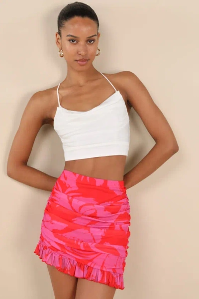 Lulus Mideia Pink Floral Mesh Ruched Ruffled Mini Skirt