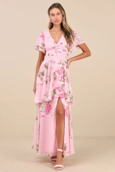Lulus Midnight Mood Pink Floral Print Tiered Maxi Dress