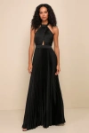 Lulus Midnight Moves Black Pleated Satin Cutout Halter Maxi Dress In Black