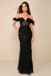 Lulus Midnight Sparkle Black Embroidered Feather Bustier Maxi Dress In Black