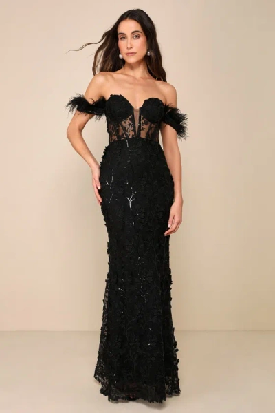 Lulus Midnight Sparkle Black Embroidered Feather Bustier Maxi Dress