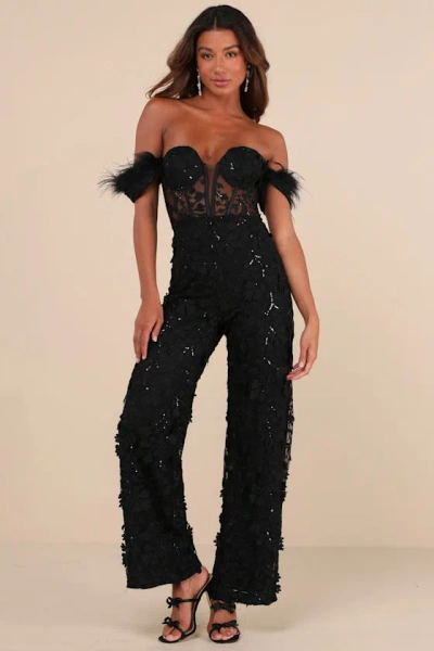 Lulus Midnight Sparkle Black Mesh Embroidered Feather Bustier Jumpsuit