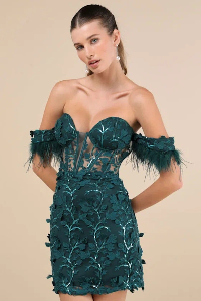 Lulus Midnight Sparkle Emerald Embroidered Feather Bustier Mini Dress In Green