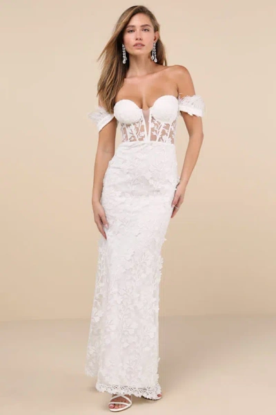 Lulus Midnight Sparkle White Embroidered Feather Bustier Maxi Dress