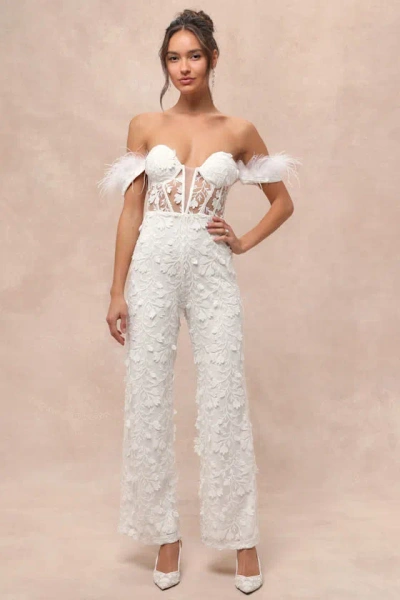 Lulus Midnight Sparkle White Mesh Embroidered Feather Bustier Jumpsuit