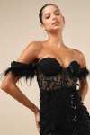 Lulus Midnight Sparkles Black Embroidered Feather Bustier Mini Dress In Black