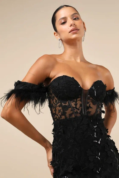 Lulus Midnight Sparkles Black Embroidered Feather Bustier Mini Dress