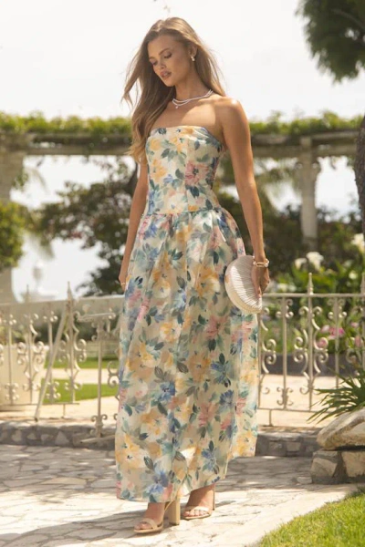 Lulus Mikayla Beige Multi Floral Jacquard Maxi Dress
