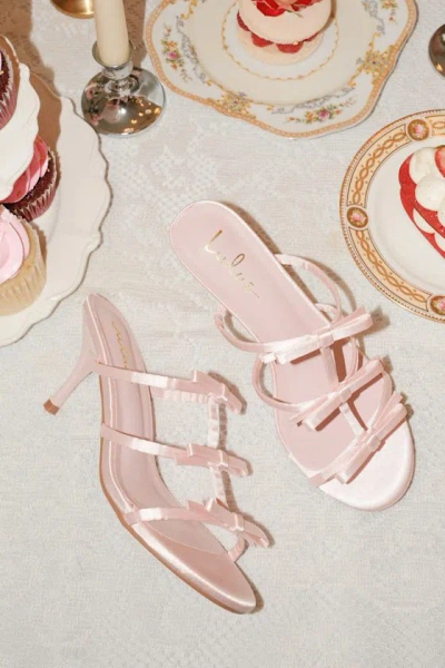Lulus Millie Blush Satin Strappy Bow High Heel Slide Sandals In Pink