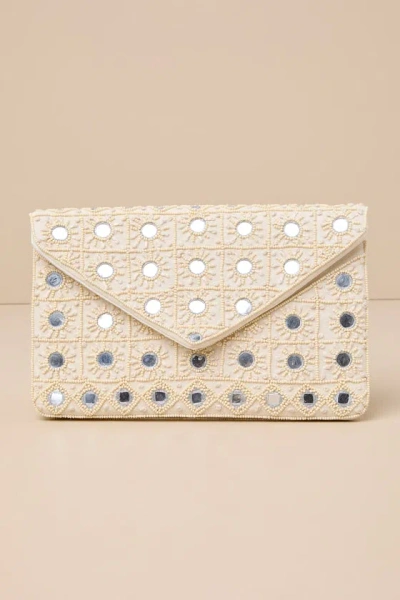 Lulus Mirrored Mystique Ivory Beaded Mirrored Clutch In Brown