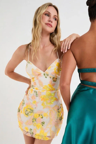 Lulus Mitzy Ivory Multi Floral Sequin Lace-up Mini Dress In Yellow