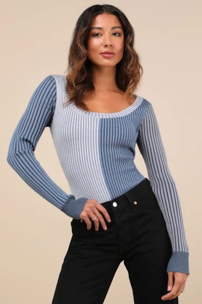 Lulus Mod Cutie Blue Color Block Ribbed Long Sleeve Bodysuit