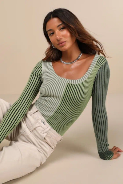 Lulus Mod Cutie Green Color Block Ribbed Long Sleeve Bodysuit