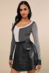 Lulus Mod Cutie Grey Color Block Ribbed Long Sleeve Bodysuit In Grey