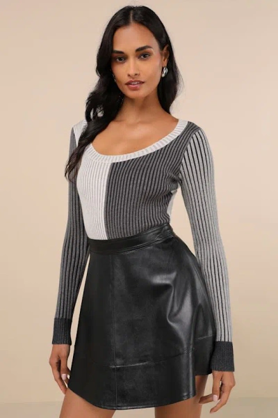 Lulus Mod Cutie Grey Color Block Ribbed Long Sleeve Bodysuit