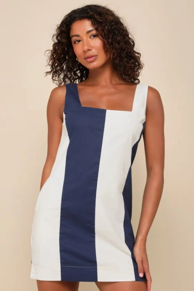 Lulus Mod Moves Ivory And Navy Color Block Linen Bodycon Mini Dress