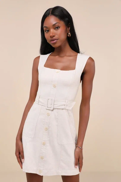 Lulus Modern Composure Beige Linen Belted Mini Dress With Pockets