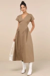 Lulus Modern Concept Khaki Short Sleeve V-neck Midi Dress With Pockets In Beige