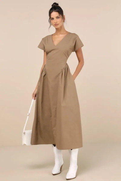 Lulus Modern Concept Khaki Short Sleeve V-neck Midi Dress With Pockets In Beige