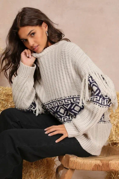 Lulus Modern Coziness Light Grey Fair Isle Fringe Oversized Sweater