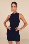 Lulus Modern Movement Navy Blue Mesh Ruched Mock Neck Mini Dress In Navy Blue
