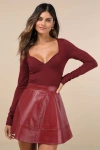 Lulus Modish Cutie Burgundy Vegan Leather High-rise Skater Mini Skirt In Burgundy
