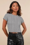 Lulus Modish Ways Heather Grey Cable Knit Short Sleeve Sweater Top In Heather Grey