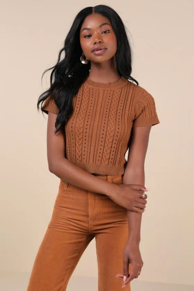 Lulus Modish Ways Rust Brown Cable Knit Short Sleeve Sweater Top